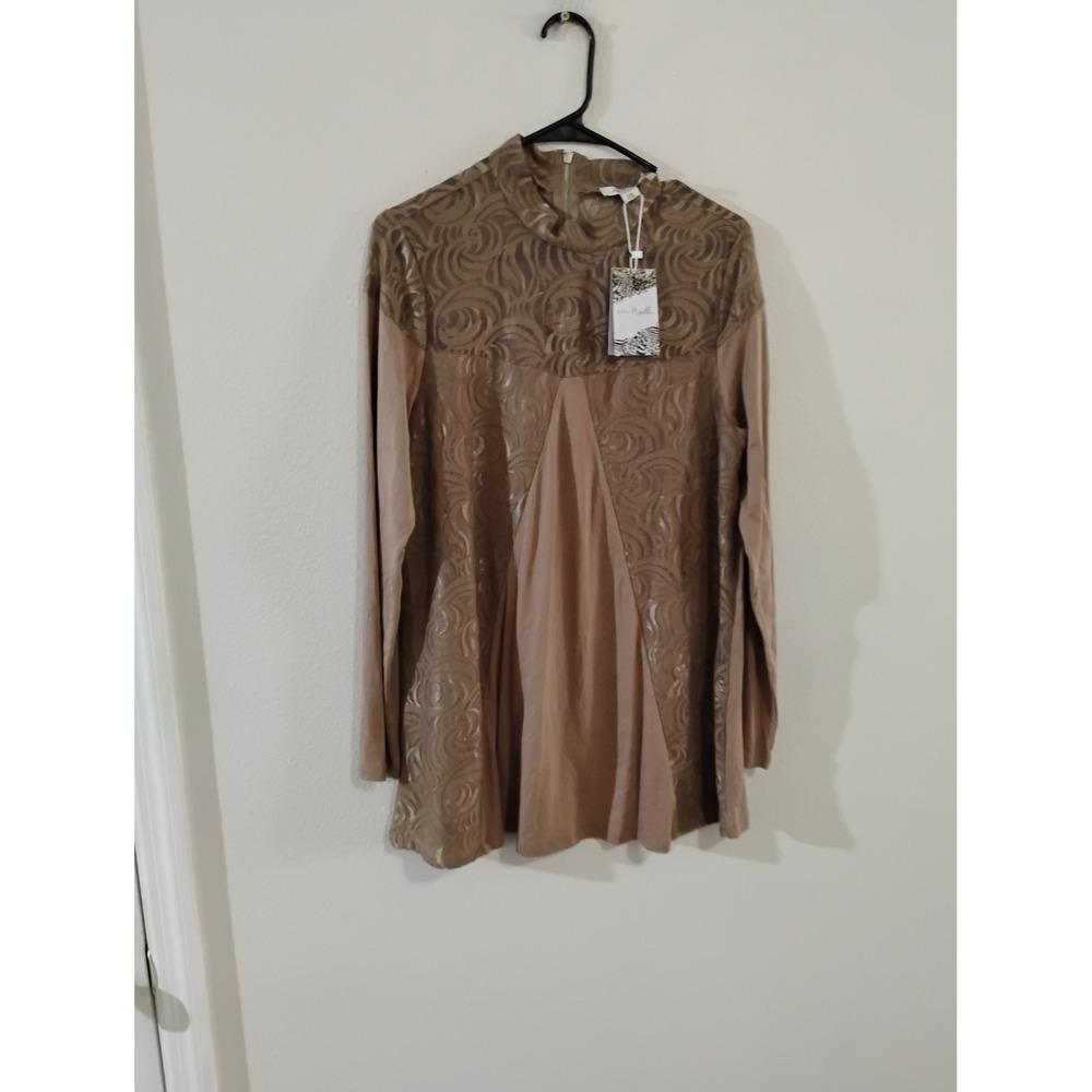 Simply Noelle Taupe Lace Overlay Mock Neck Long Sleeve Tunic Top SM 8-10 NWT